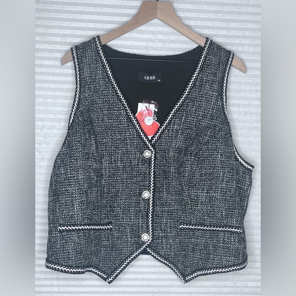 CIDER Tweed V Neck Crop Vest Black White Women’s 2XL Academia Preppy - Picture 2 of 10